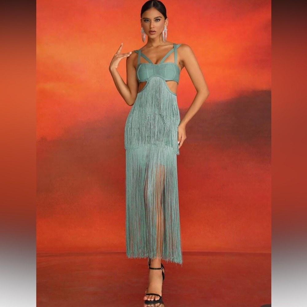 60- NEW‎ Teal Fringe Cutout Midi Dress Glam Cocktail Party Statement Gown